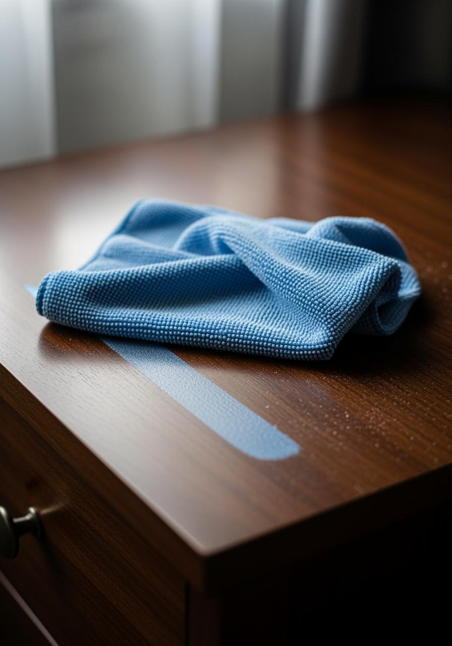 Un chiffon en microfibre humide posé sur une table de chevet, montrant une trace propre qui illustre une méthode de nettoyage efficace.