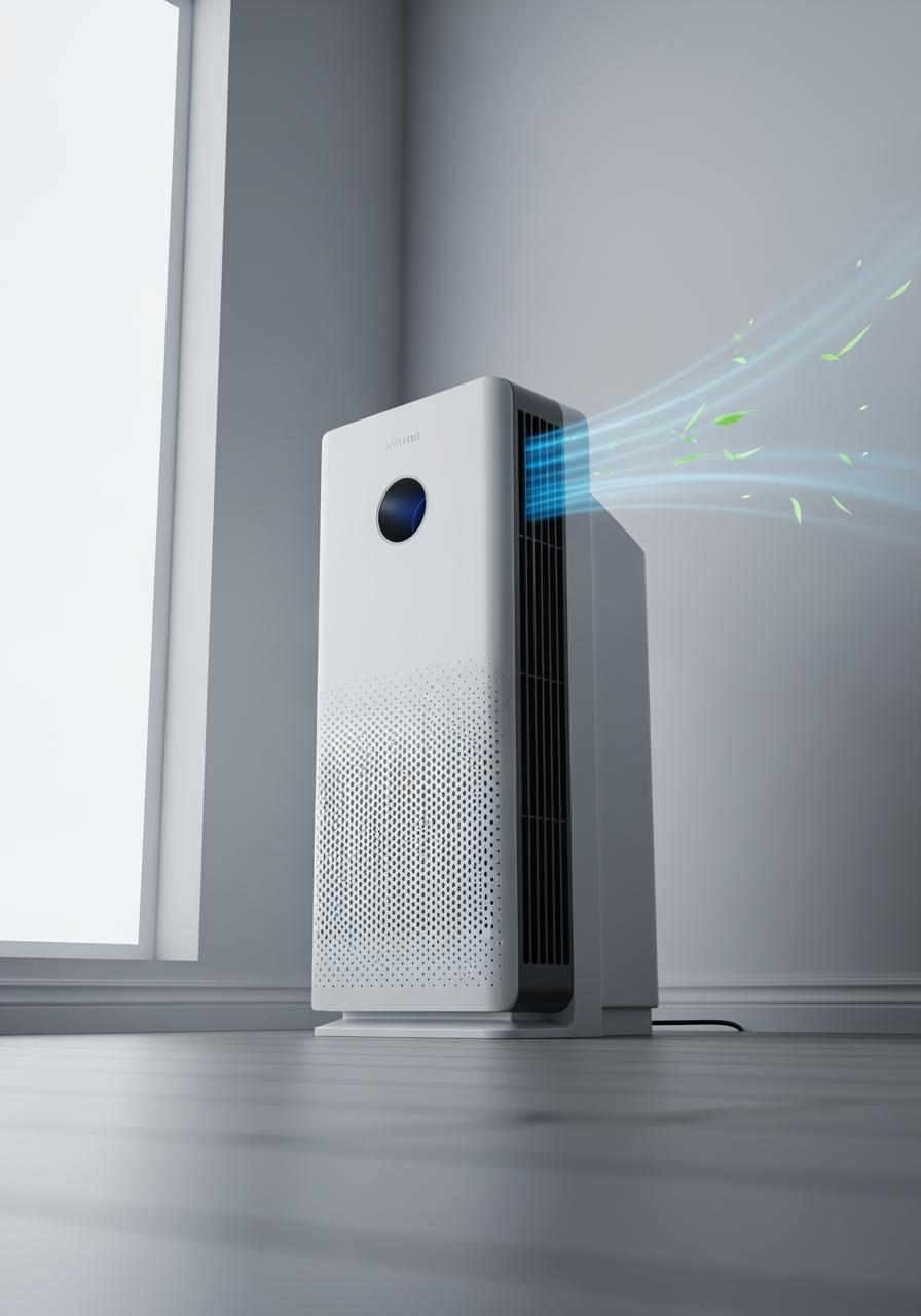 Un purificateur d'air moderne et blanc dans le coin d'une chambre, vu en contre-plongée pour souligner son importance dans le contrôle de la qualité de l'air.