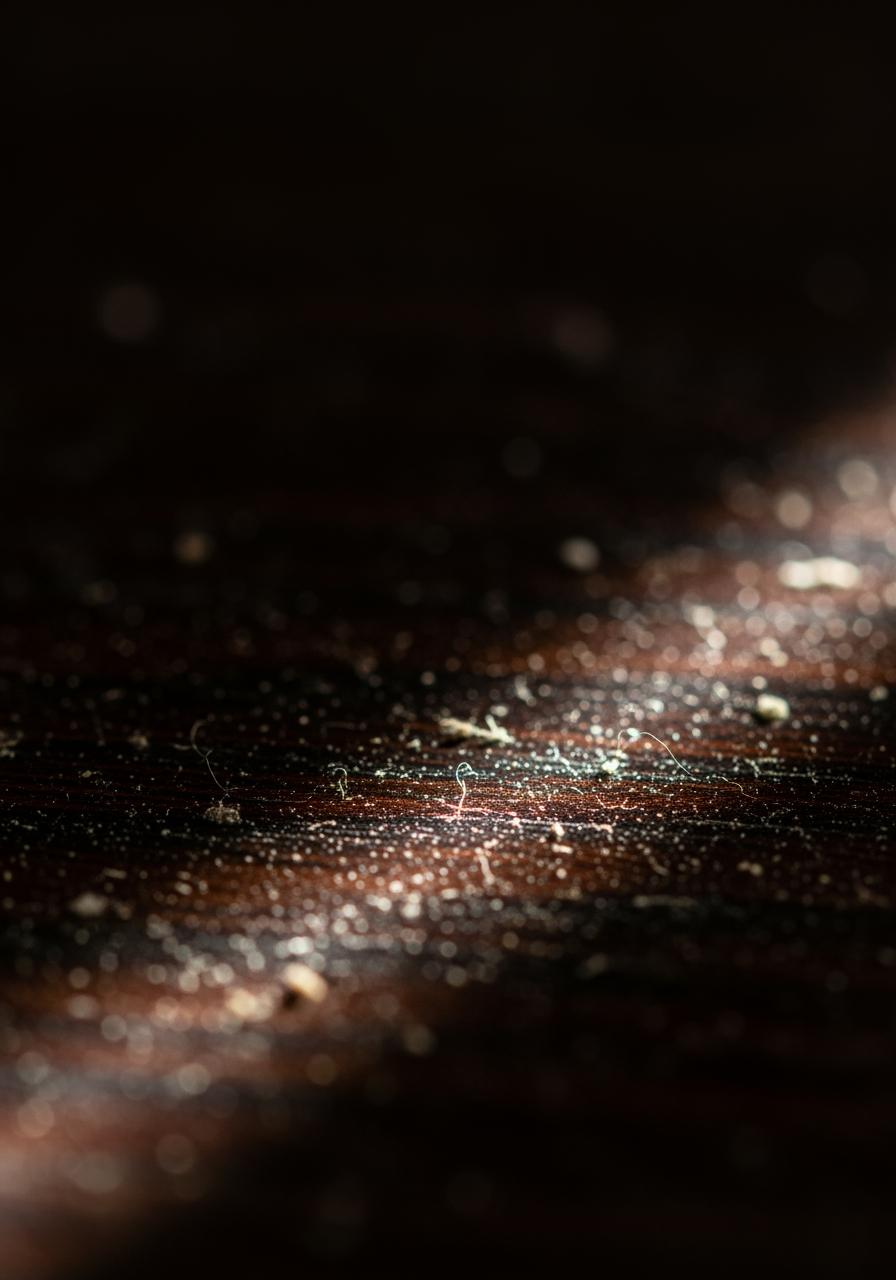Une vue macroscopique de la poussière domestique sur une surface sombre, montrant sa composition complexe de fibres et de particules.