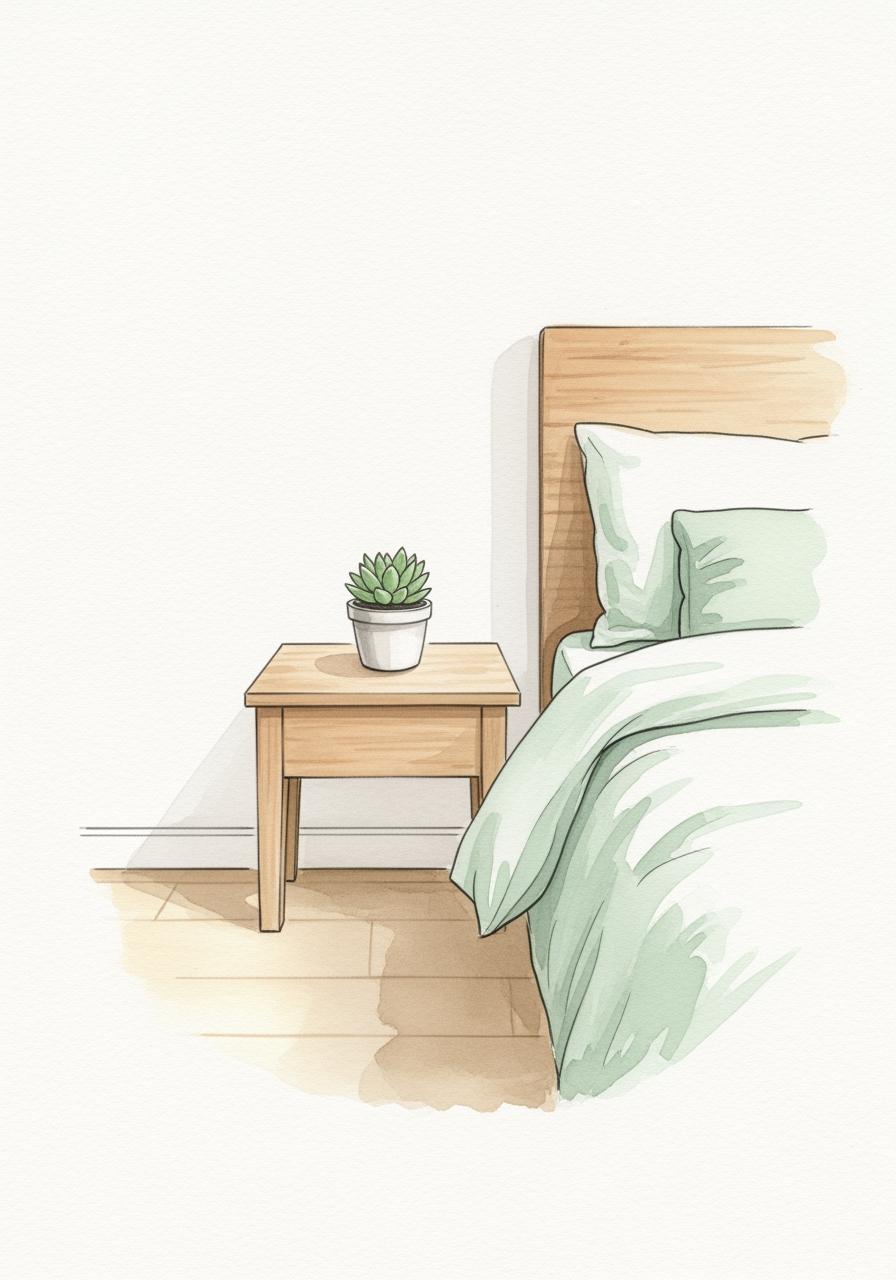 Une illustration à l'aquarelle d'un coin de chambre ordonné et sain, représentant le résultat d'un bon plan d'action anti-poussière.