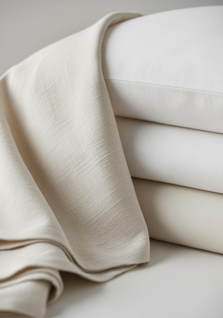 Une pile de textiles de lit en fibres naturelles, comme le lin et le coton, pliés avec soin pour illustrer des choix de tissus anti-poussière.