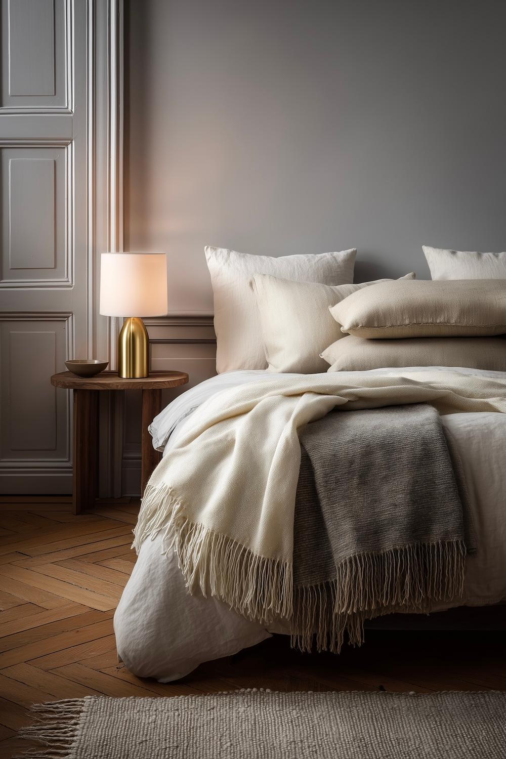 lit style hotel coussins lin plaids superposés