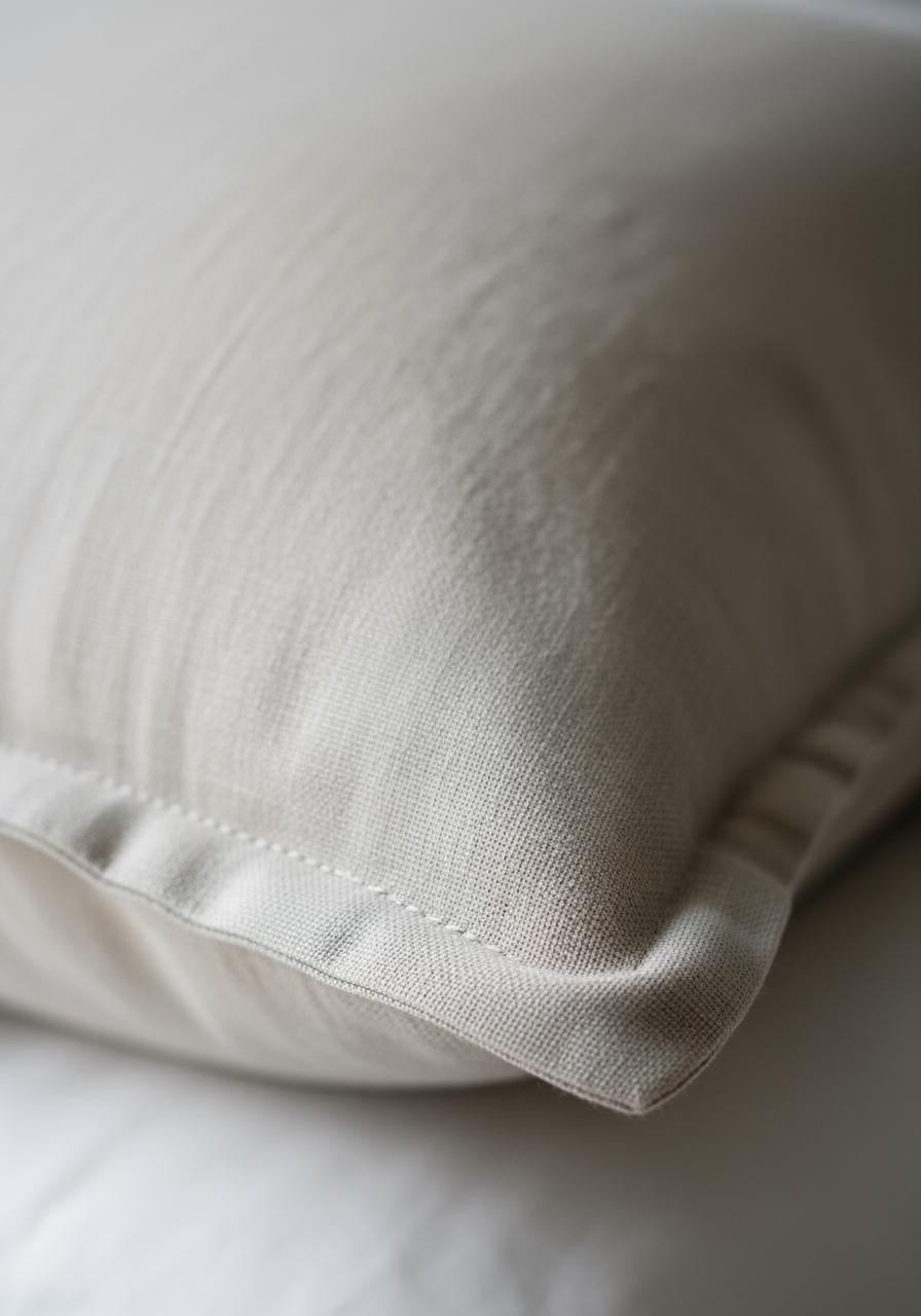 Gros plan sur la couture détaillée et la finition soignée d'une taie d'oreiller en lin lavé, symbole de sa haute qualité.