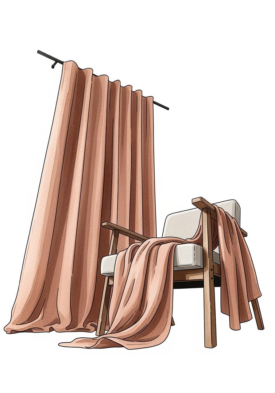 Illustration à l'aquarelle d'un coin de chambre avec un rideau et un plaid en lin lavé, montrant comment intégrer la matière dans la décoration.