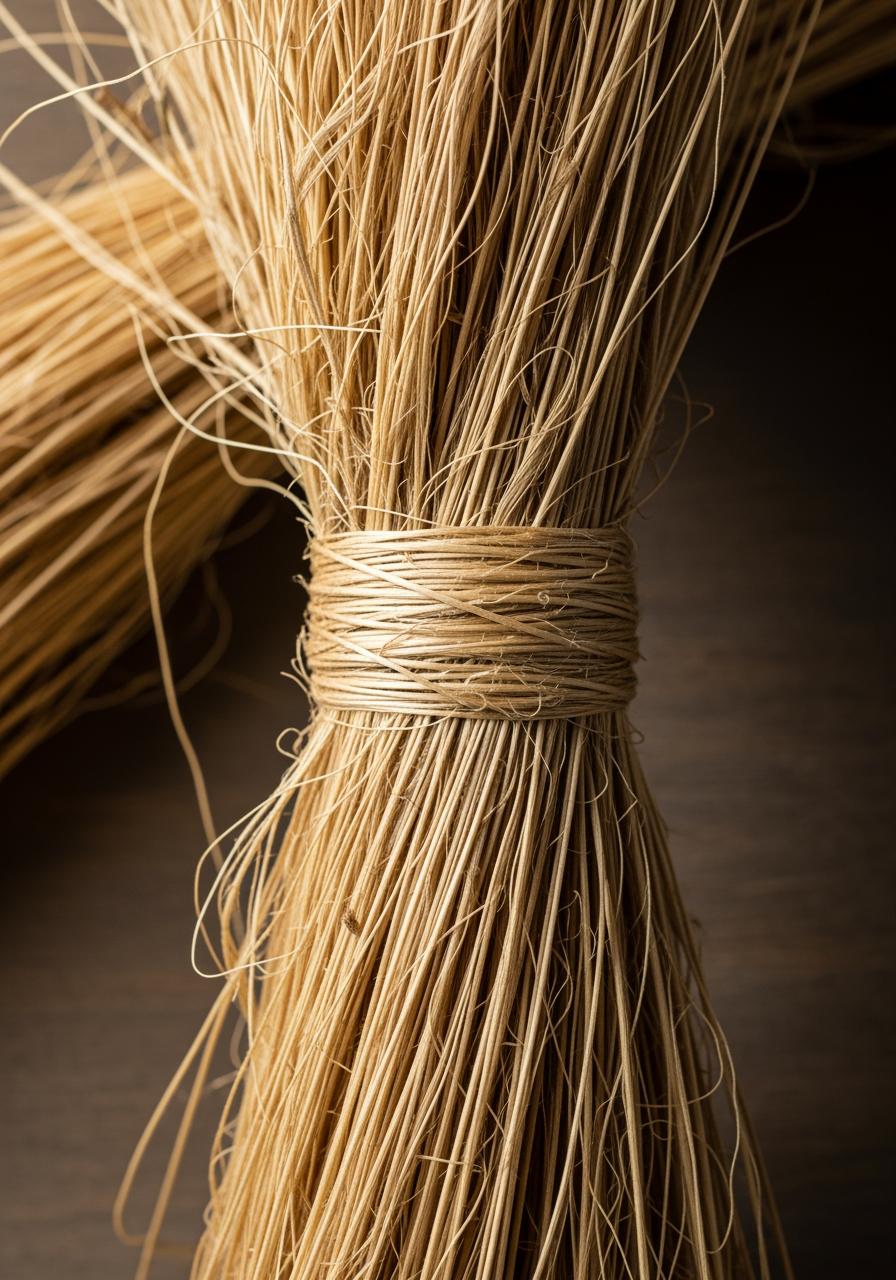 Gros plan sur un faisceau de fibres de lin brutes, montrant leur texture naturelle et leur couleur dorée sur un fond sombre.