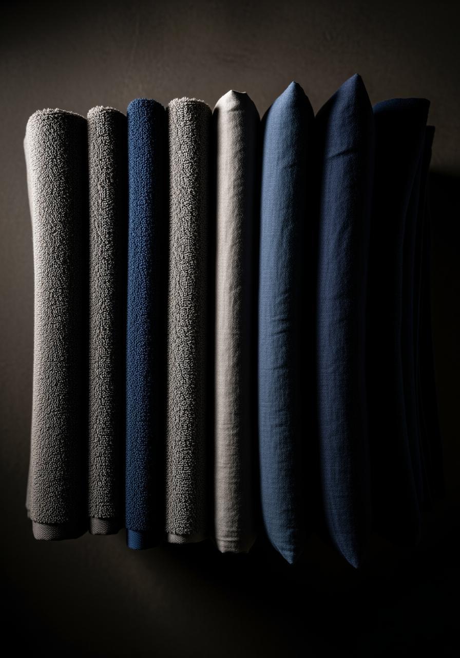 Vue de dessus d'une pile de linge de maison en lin lavé de couleurs sombres, plié de manière à accentuer sa texture douce et moelleuse.