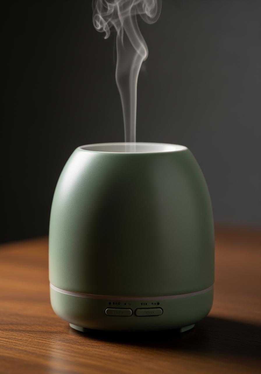 Gros plan sur un diffuseur d'huiles essentielles en céramique vert sauge émettant une fine brume de vapeur.