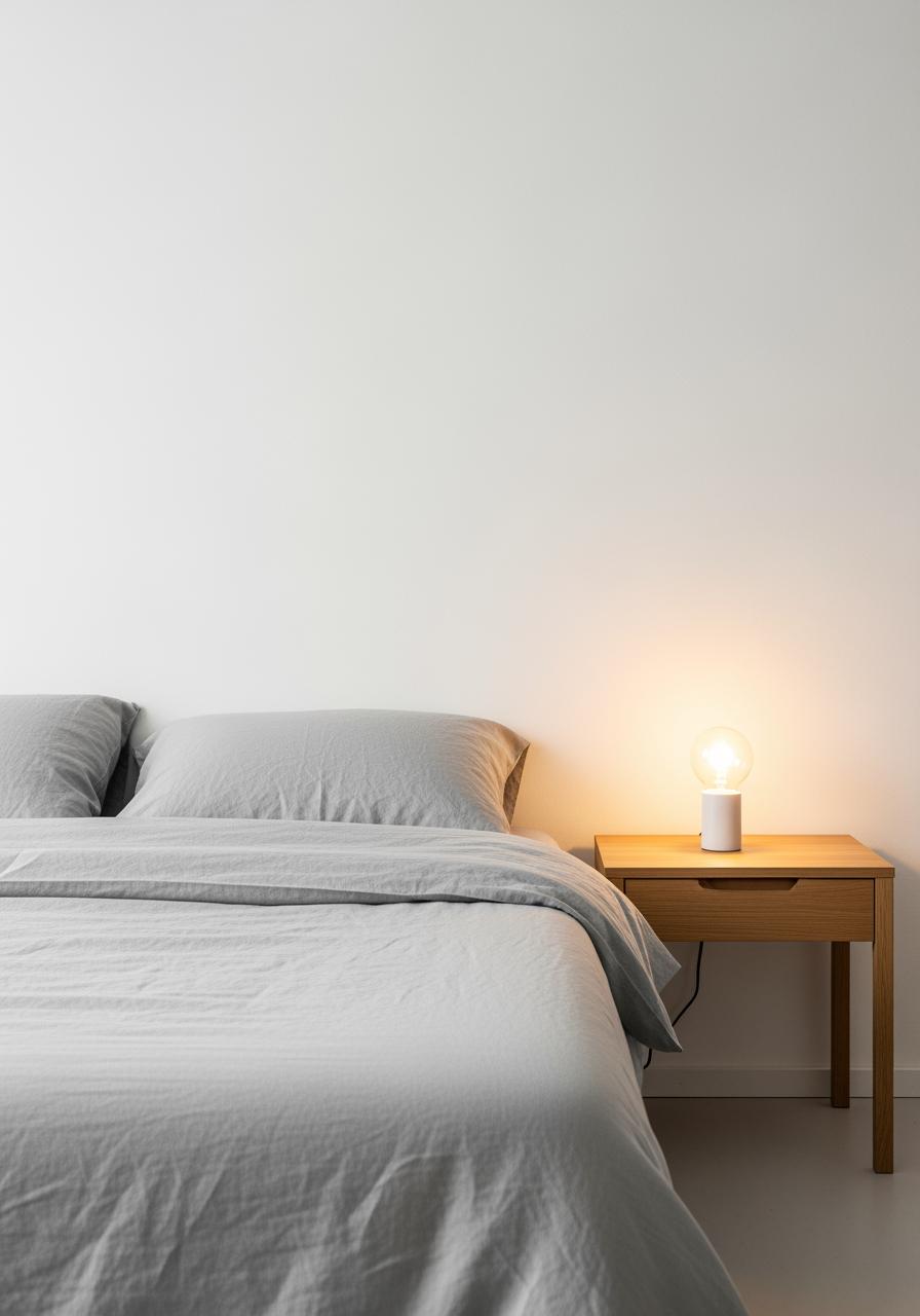Un lit parfaitement fait avec des draps en lin gris clair et une table de chevet en bois avec une petite lampe chaude.