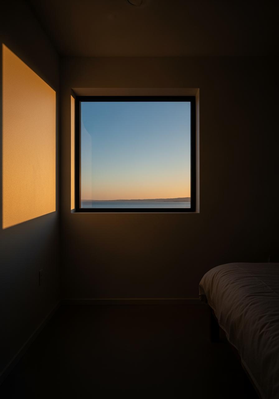 Vue depuis une pièce sombre à travers une grande fenêtre montrant un ciel au crépuscule, passant du doré au bleu nuit.