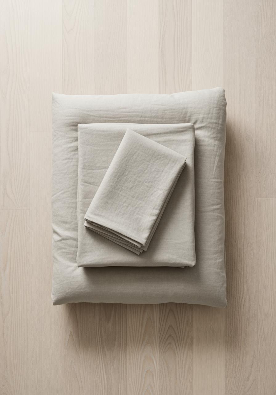 Vue de dessus d'une pile de draps en lin couleur avoine, parfaitement pliés et posés sur un parquet en bois clair.