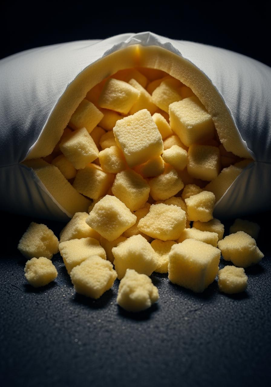 Un oreiller éventré, révélant une garniture simple en morceaux de mousse, brisant le mythe de sa conception universelle.