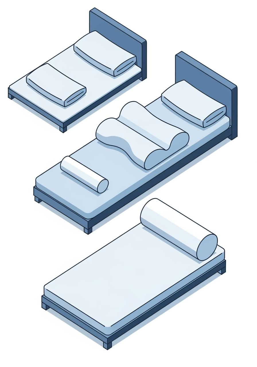 Illustration isométrique montrant trois oreillers de hauteurs différentes pour les positions sur le ventre, le dos et le côté.