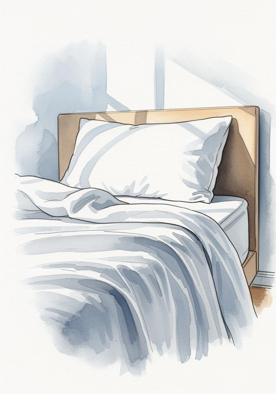 Illustration à l'aquarelle d'un lit confortable avec un oreiller personnalisé, évoquant le confort et la sérénité.