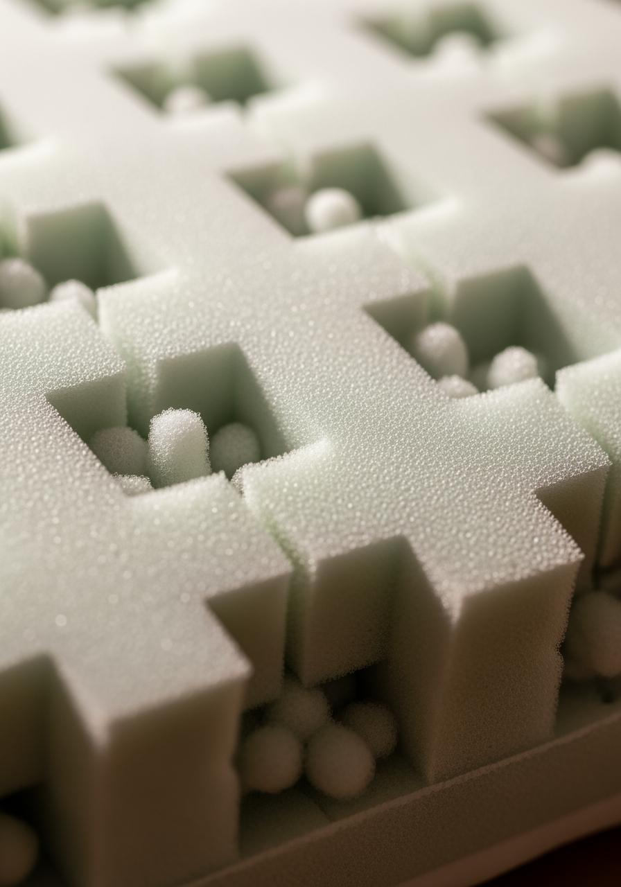 Prise de vue macro de la garniture d'un oreiller ajustable, montrant la texture des morceaux de mousse à mémoire de forme.