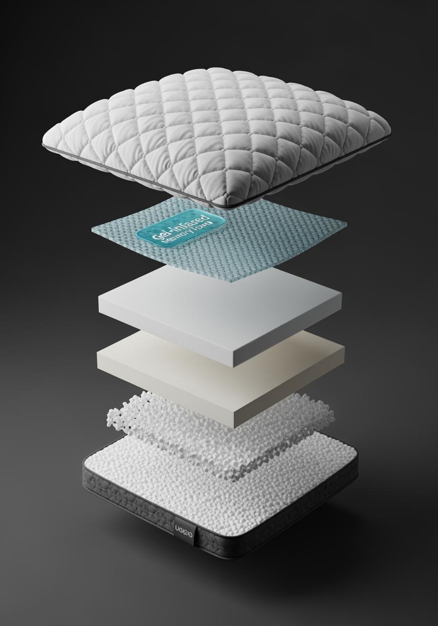 Vue éclatée en 3D d'un oreiller ajustable, montrant ses différentes couches internes modulables.