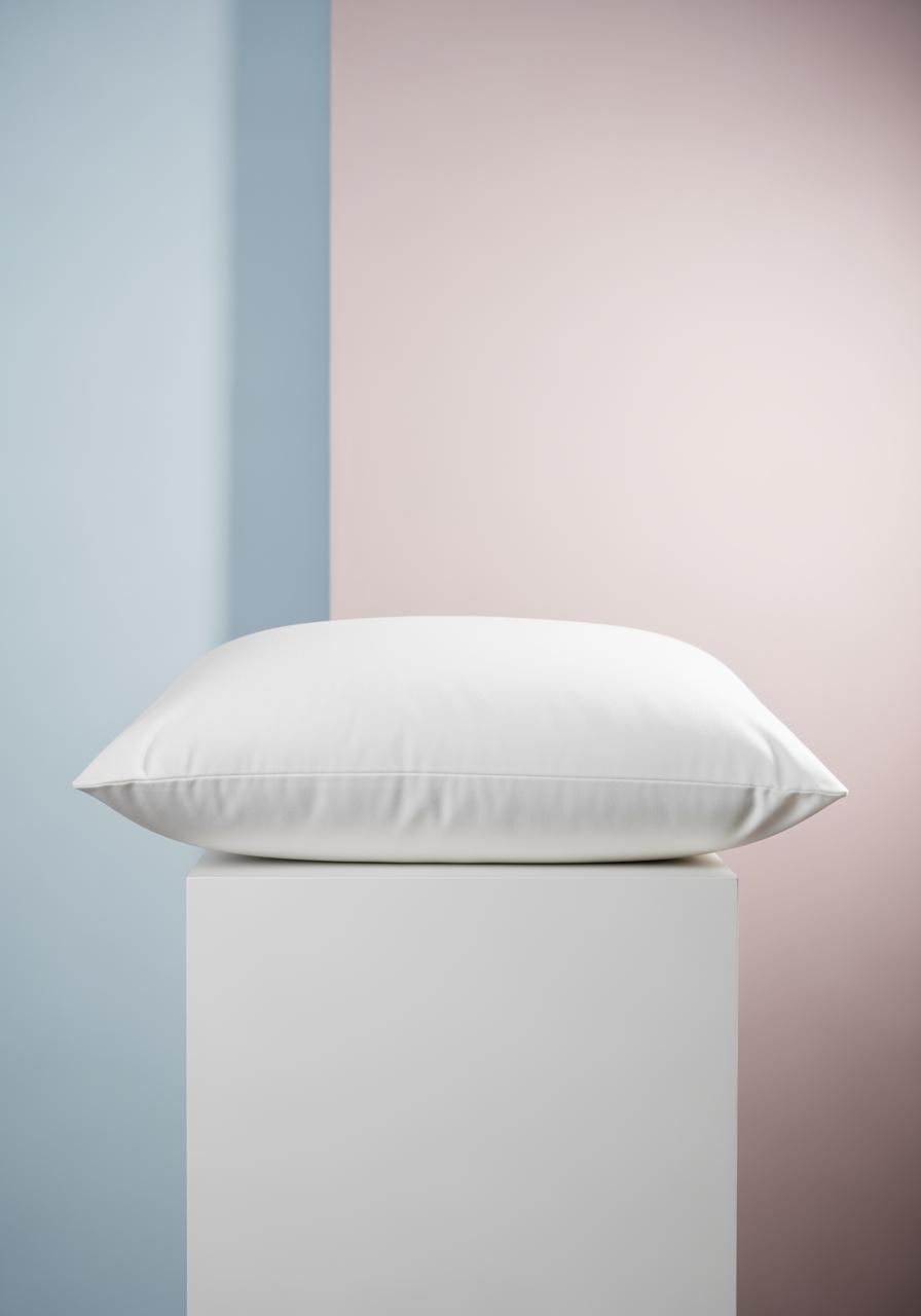 Un oreiller unique et parfait, présenté sur un piédestal, symbolisant la promesse marketing d'un produit universel.
