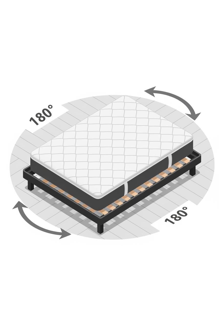 Illustration isométrique d'un matelas sur son sommier, avec des flèches stylisées au sol indiquant le concept de rotation tête-bêche.
