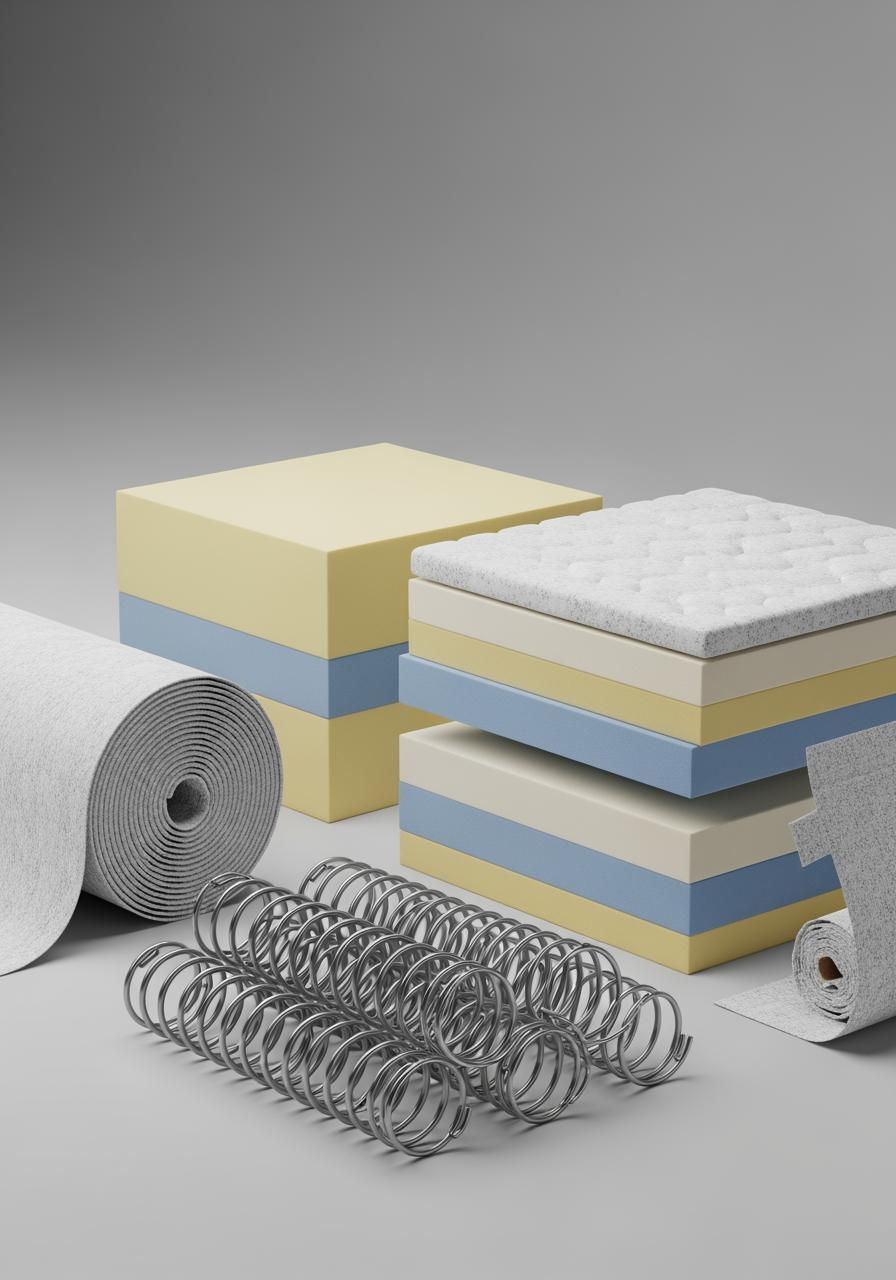 Rendu 3D stylisé des matériaux d'un matelas recyclé : ressorts, couches de mousse et tissu, soigneusement séparés.