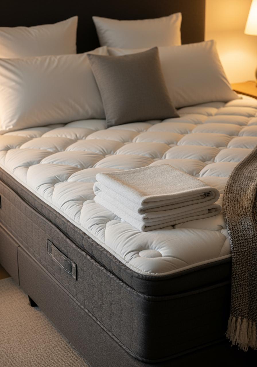 Un lit parfaitement fait avec une literie de luxe, des oreillers moelleux et une couverture, prêt pour une première nuit de sommeil confortable.