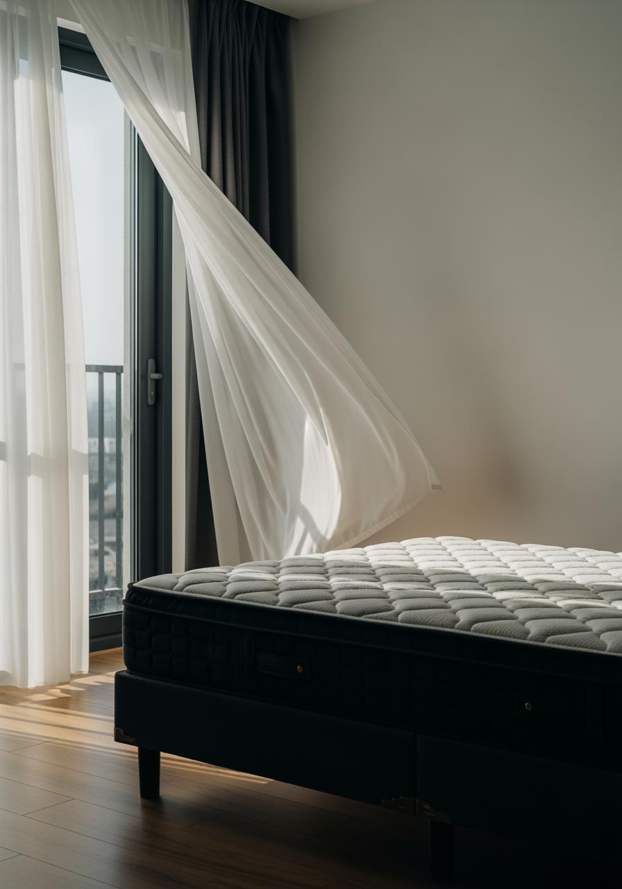 Un matelas neuf se décompressant sur un sommier dans une chambre, avec une fenêtre ouverte et des rideaux flottants pour symboliser l'aération.