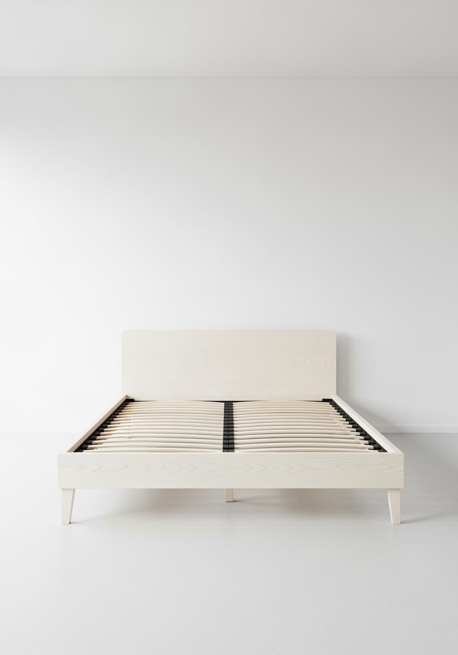 Un sommier à lattes en bois, propre et vide, prêt à accueillir un nouveau matelas dans une chambre bien préparée.
