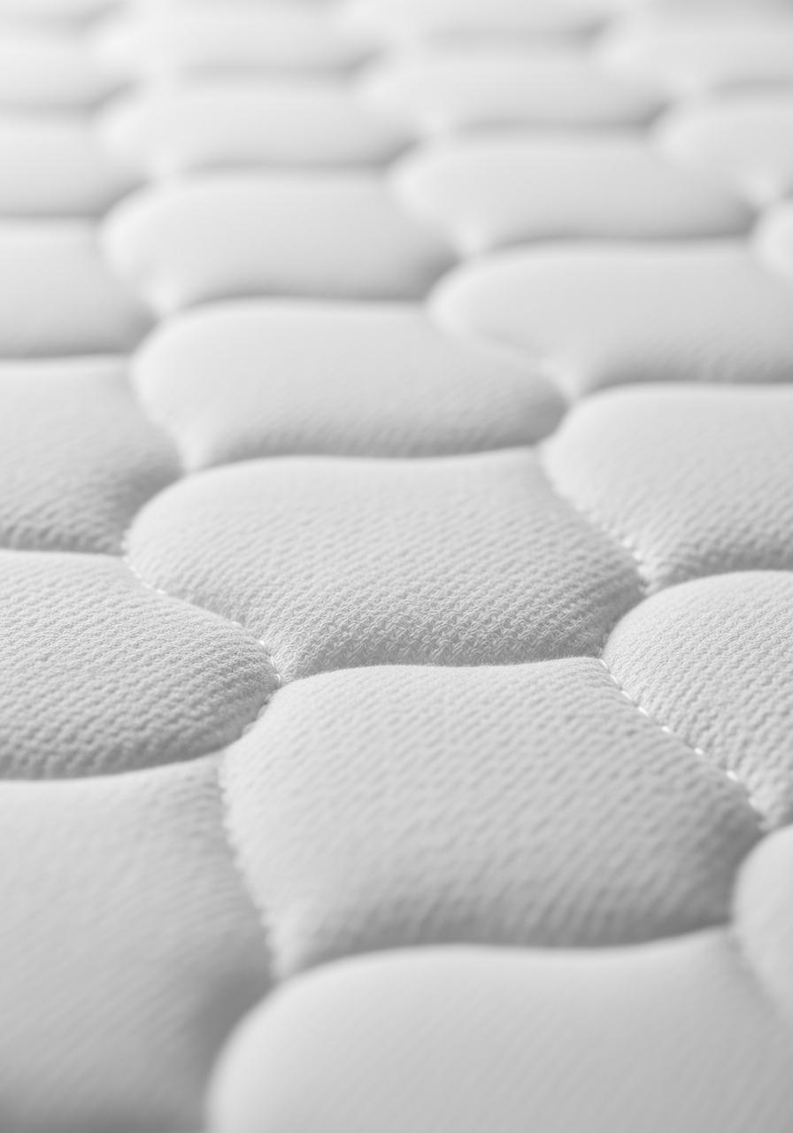 Vue macro de la texture matelassée d'un protège-matelas imperméable blanc, mettant en évidence son tissage protecteur.