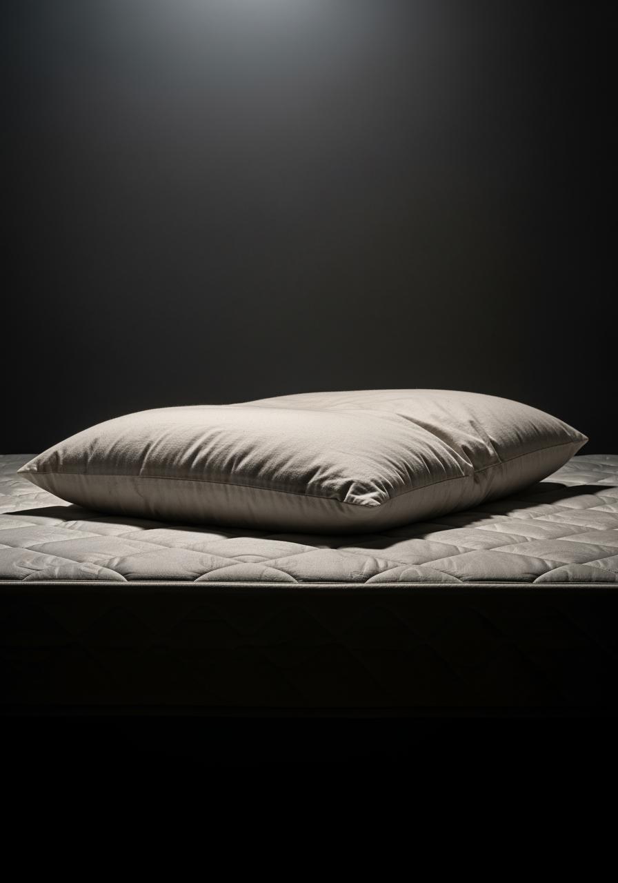 Un oreiller plat et affaissé sur un matelas, symbolisant un soutien inadéquat pour la nuque.