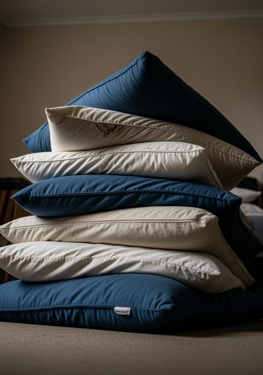 Une pile désordonnée et instable de vieux oreillers, illustrant une mauvaise habitude de sommeil.