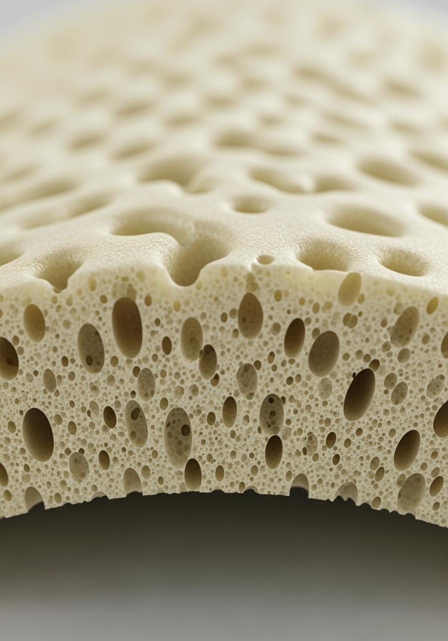 Gros plan sur la texture d'une mousse à mémoire de forme, montrant sa structure cellulaire unique.