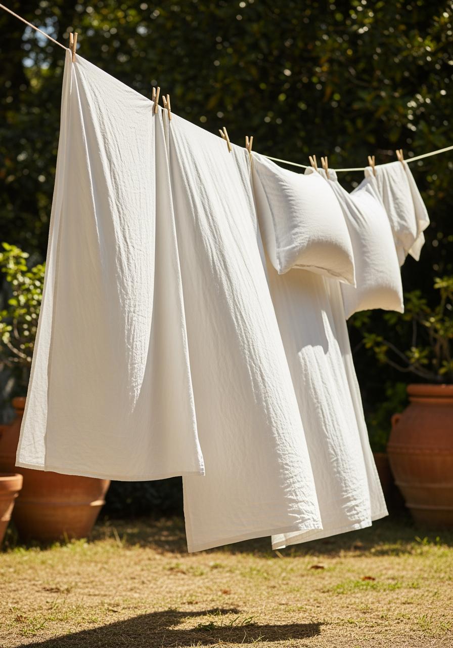 Des draps en lin blanc de qualité séchant sur une corde à linge dans un jardin ensoleillé, évoquant un entretien naturel.