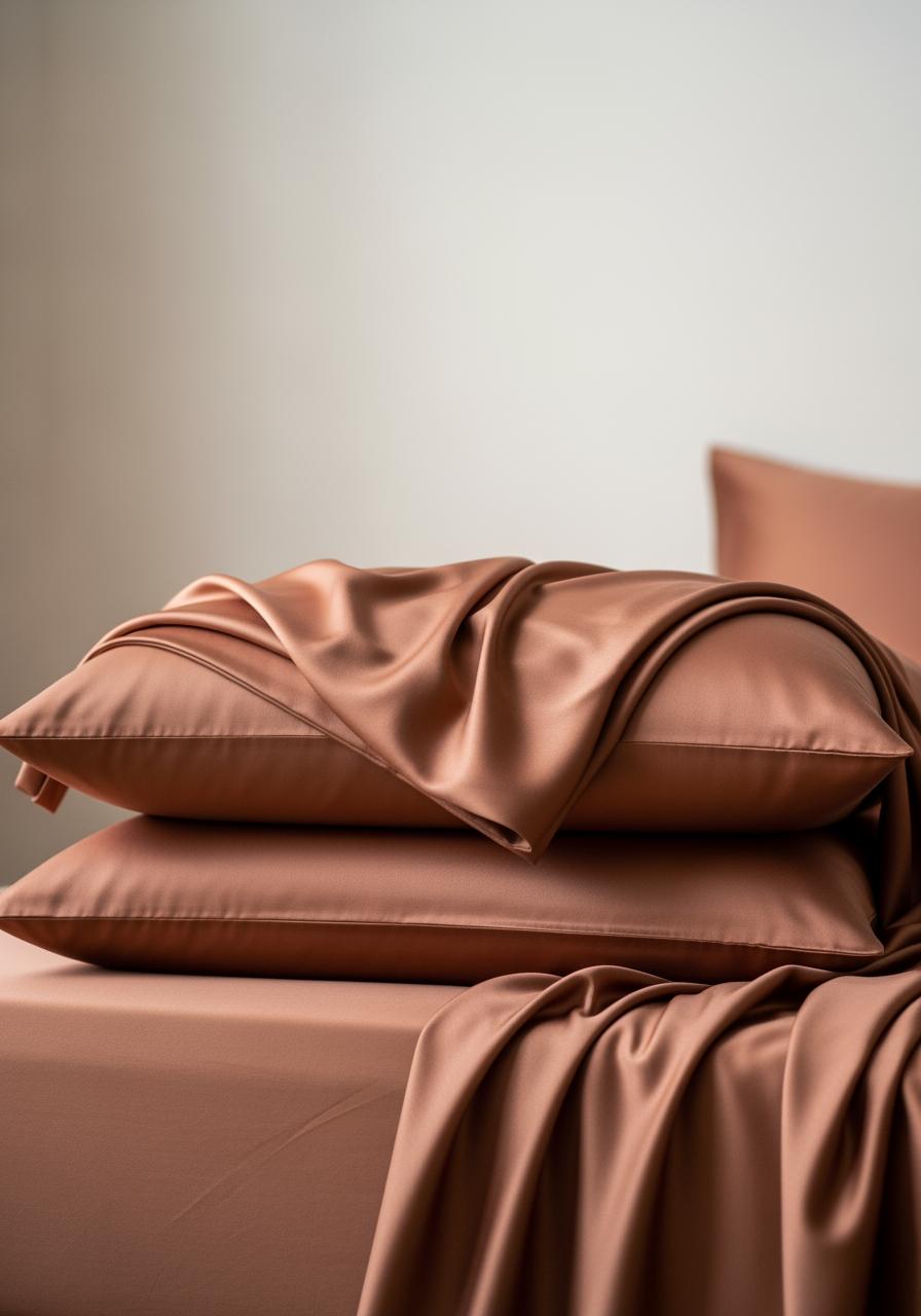 Une pile de taies d'oreiller en satin de coton couleur terre cuite, pliées sur un lit, montrant leur lustre subtil.