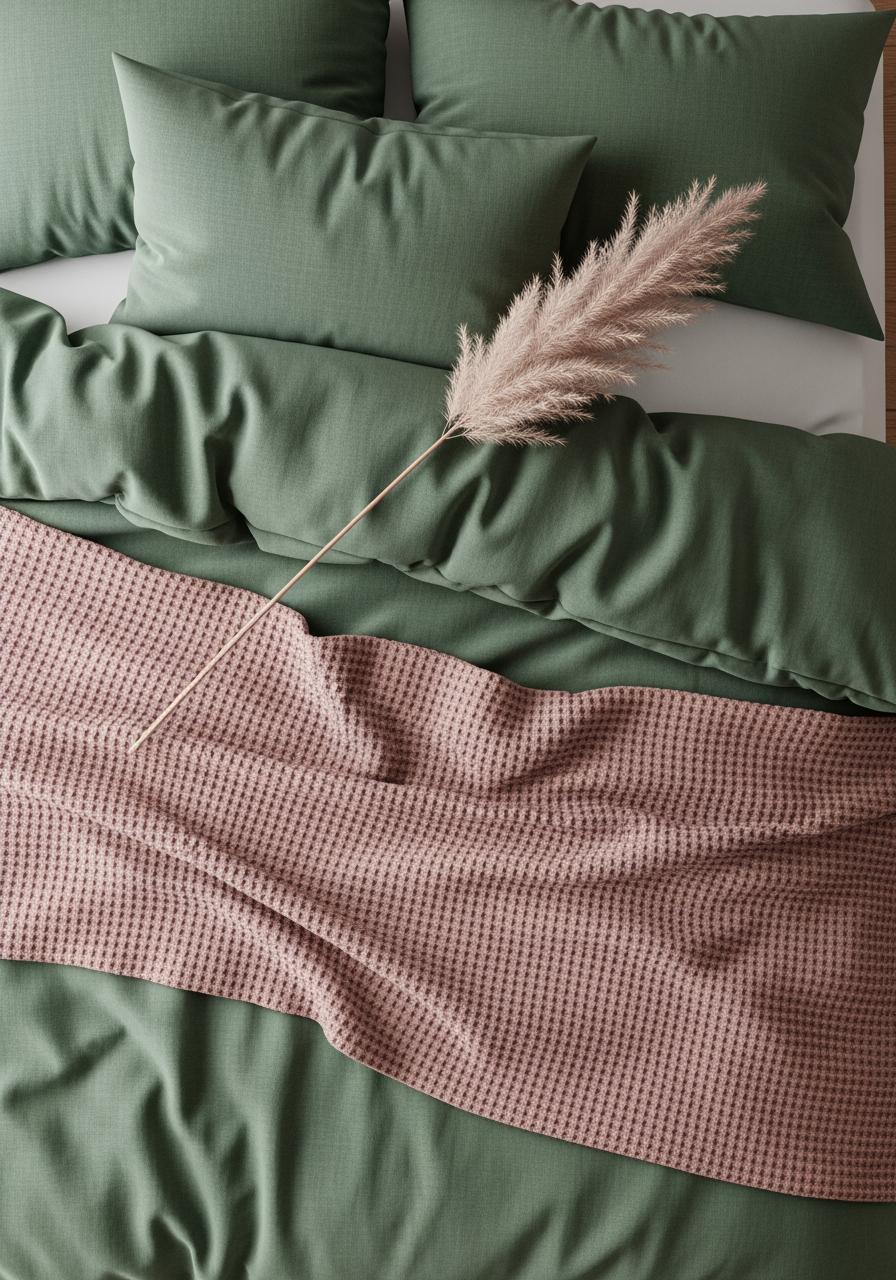 Vue de dessus d'un coin de lit stylisé avec des draps superposés dans des teintes tendance de vert sauge et de rose poudré.
