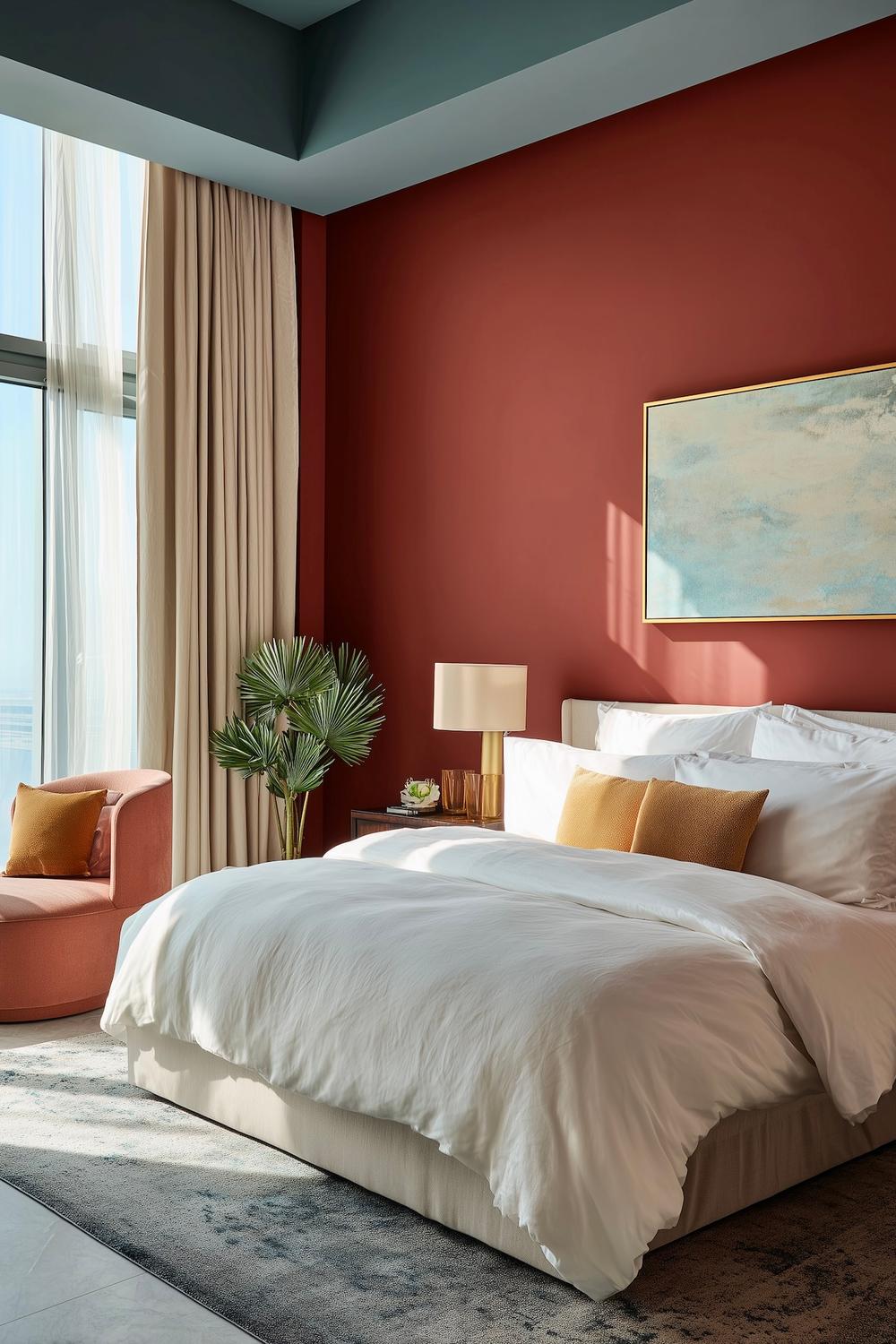 décoration moderne mur terracotta lit blanc plafond gris