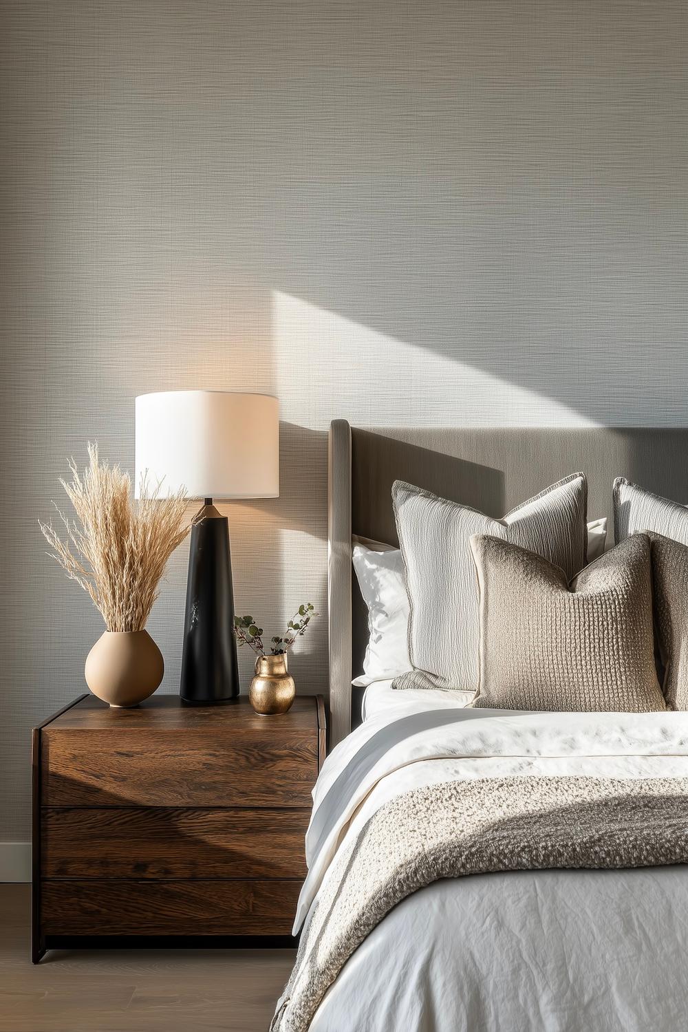 chambre beige table nuit bois texturée