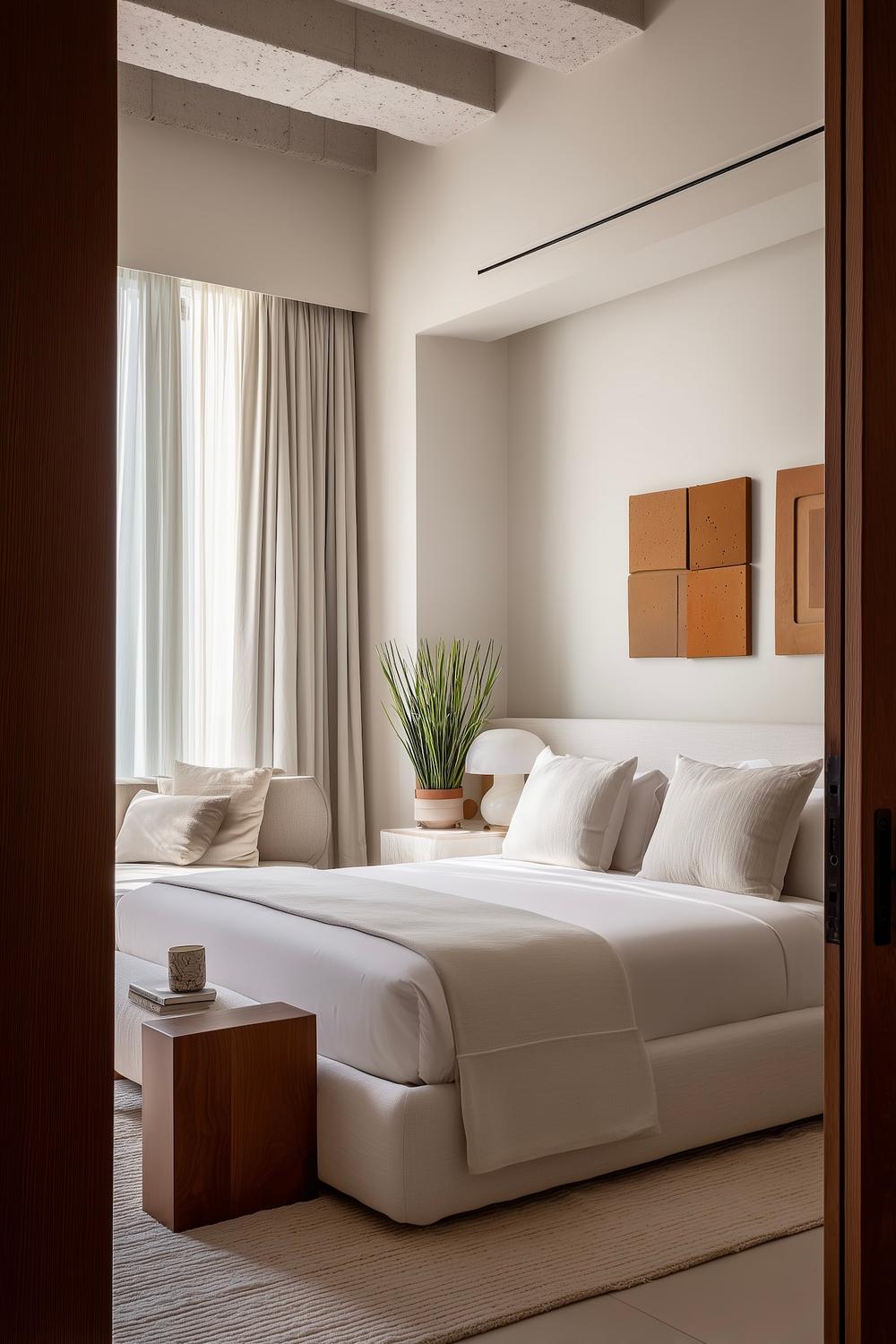 chambre minimaliste plafond béton poutres lit blanc bois