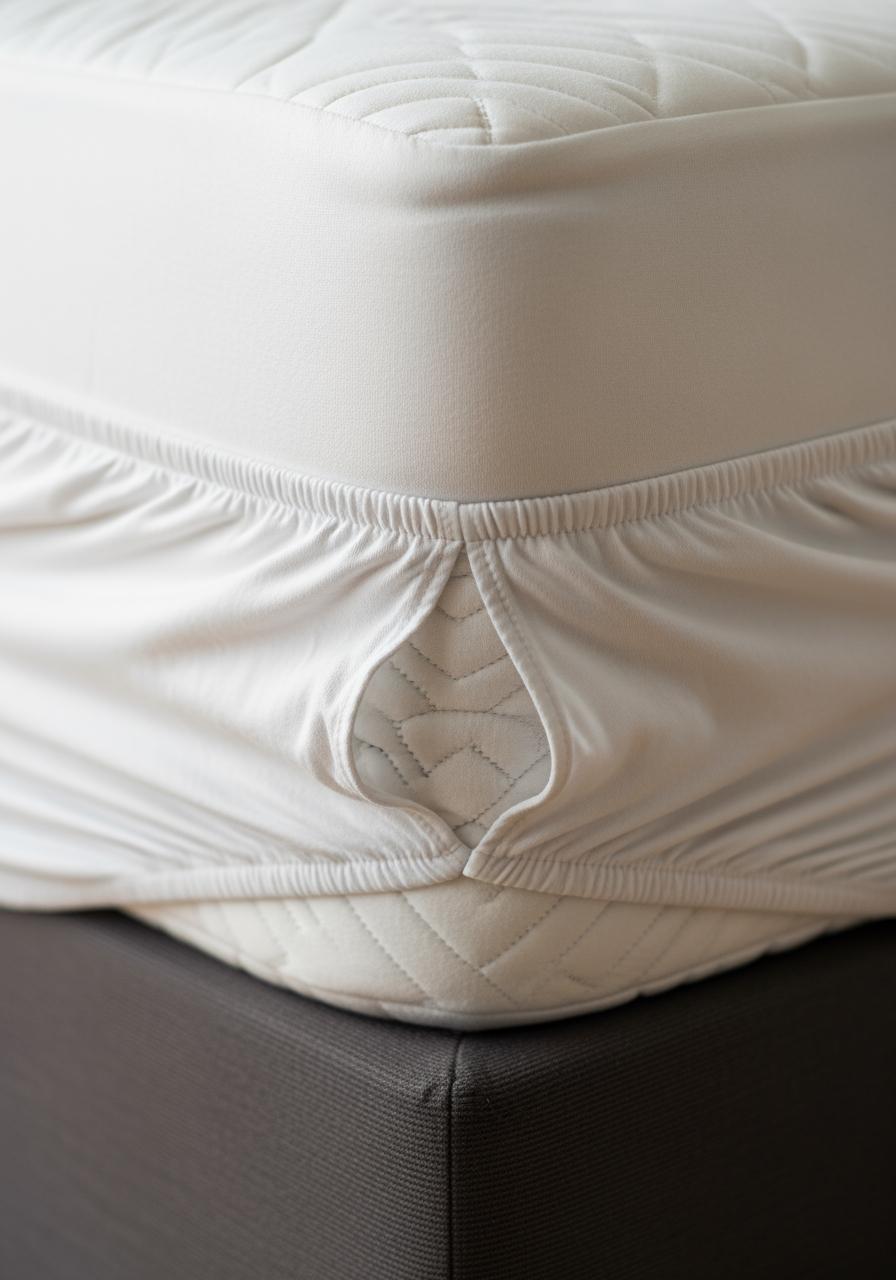 Gros plan sur un coin de matelas où l'élastique d'un drap-housse est tendu à l'extrême, sur le point de lâcher.