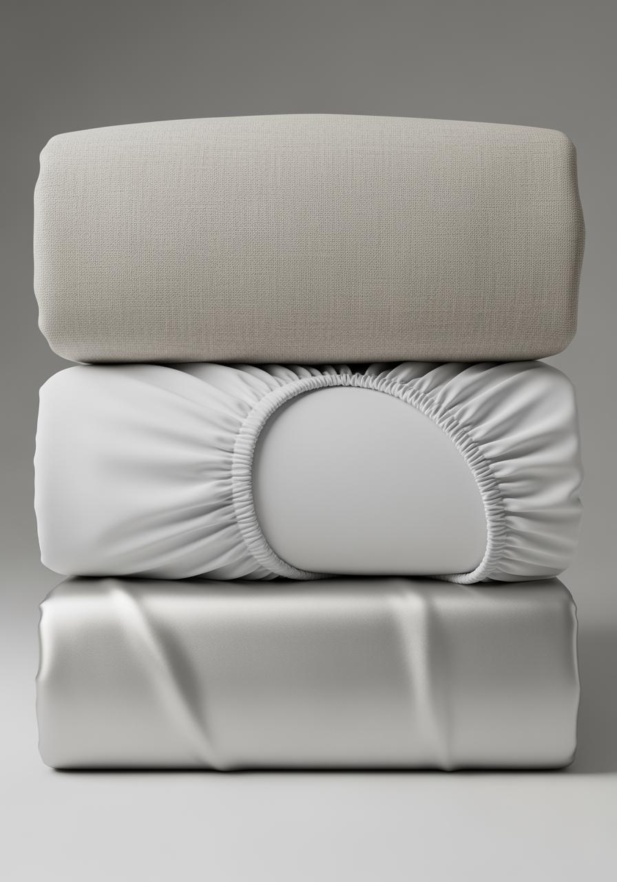 Une pile de draps-housses pliés montrant trois textures de tissu différentes : lin, coton et satin.