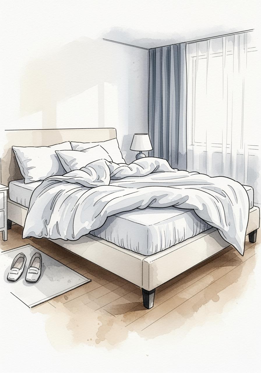 Illustration à l'aquarelle d'un lit parfaitement fait dans une chambre sereine et paisible, évoquant le confort.