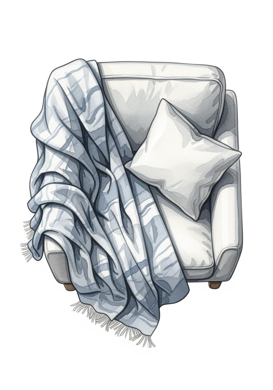 Une illustration à l'aquarelle vue de dessus d'un plaid en lin froissé drapé sur un fauteuil, symbolisant un choix de style personnel.