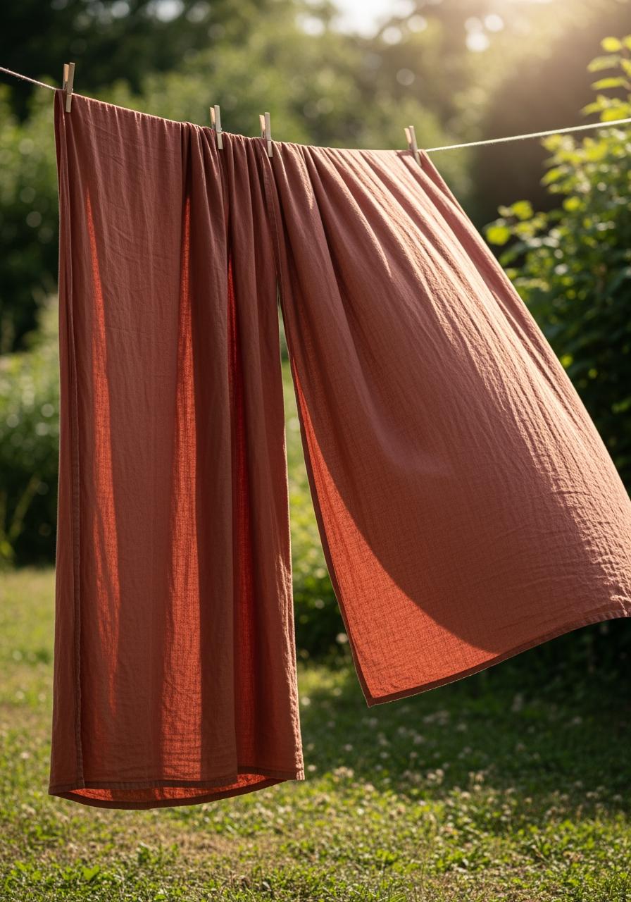 Des draps en lin de couleur terre cuite séchant à l'air libre sur une corde à linge dans un jardin ensoleillé.
