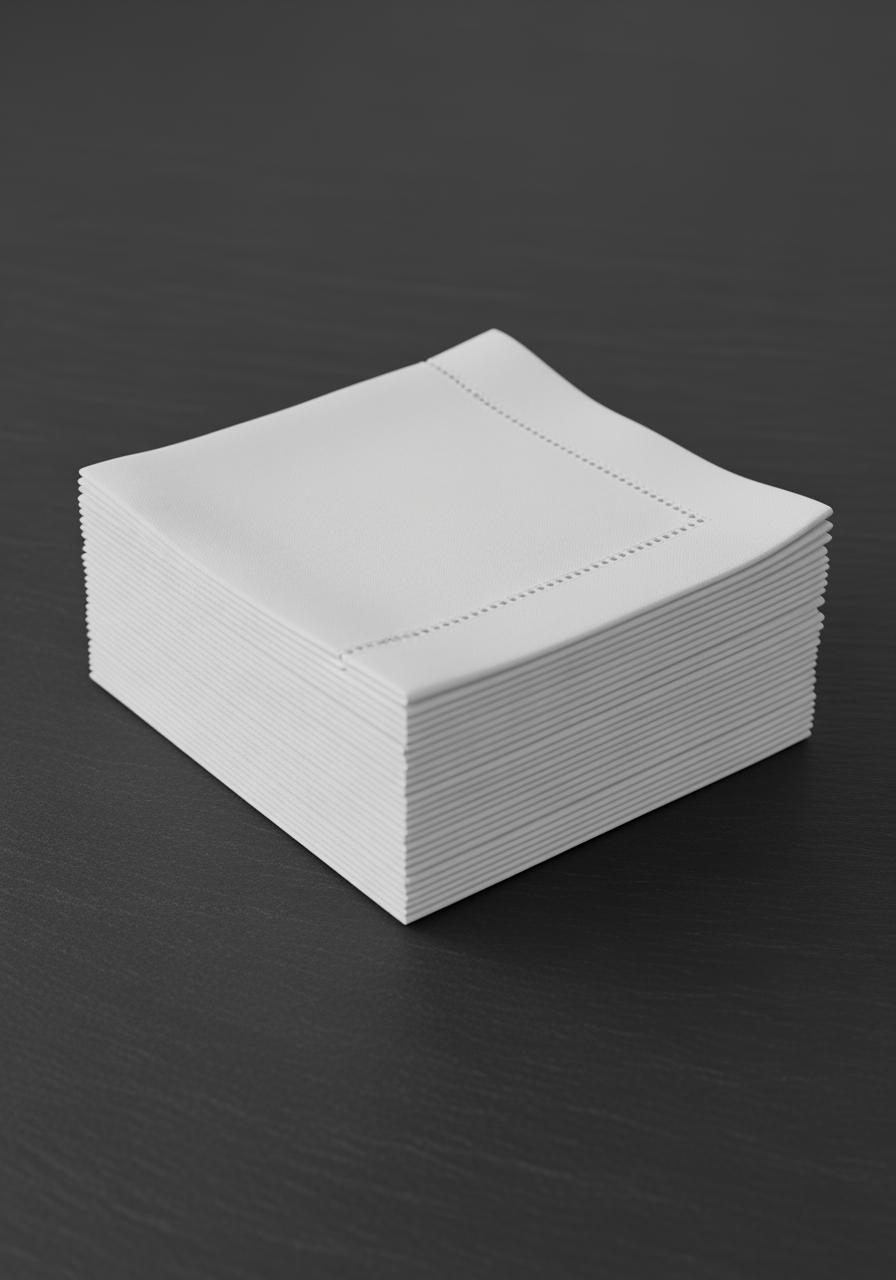 Une pile de serviettes en lin blanc parfaitement repassées et pliées, représentant le look 'polished' ou lisse.