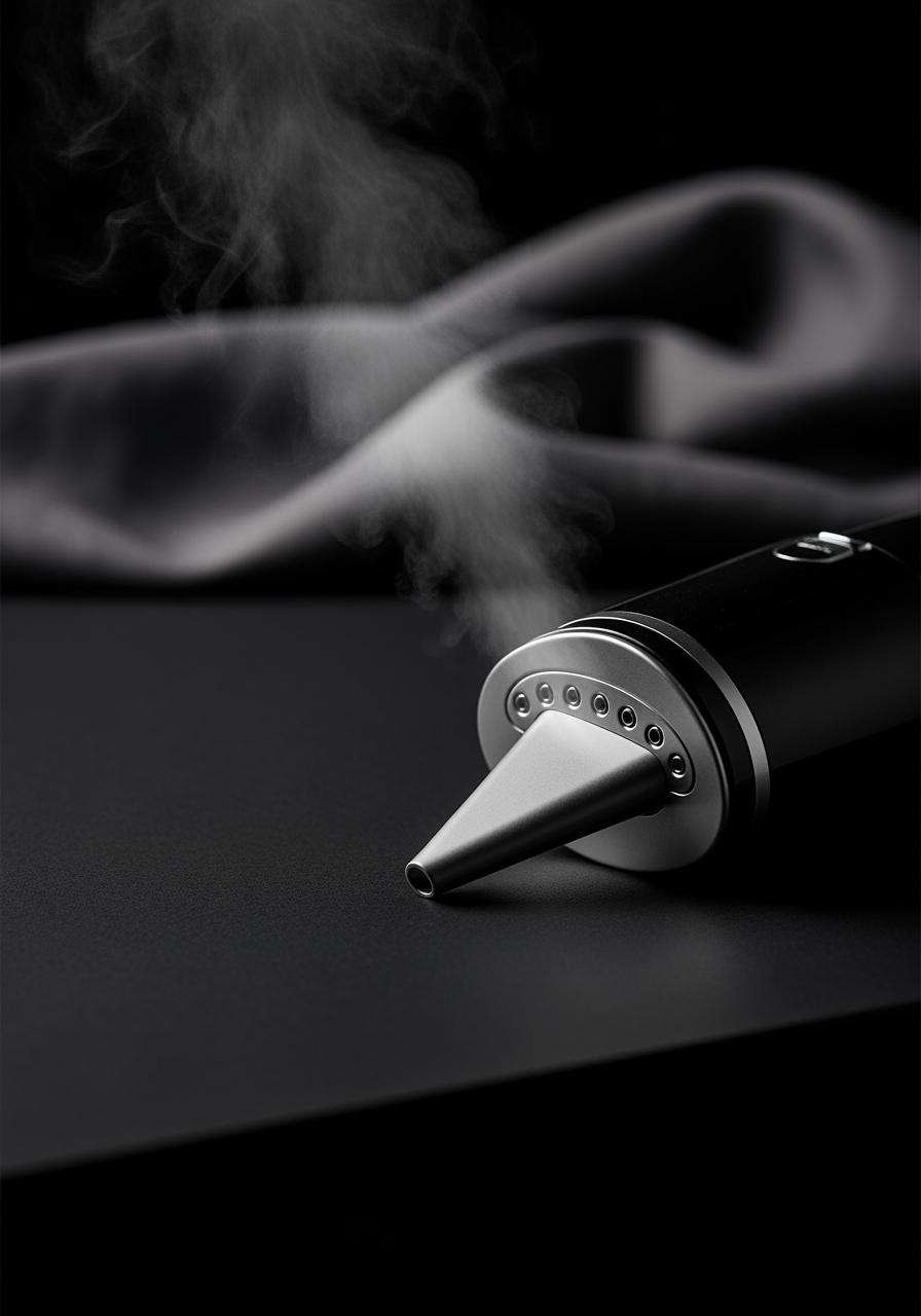 Un défroisseur vapeur moderne et élégant posé sur une surface sombre, une alternative au fer à repasser.