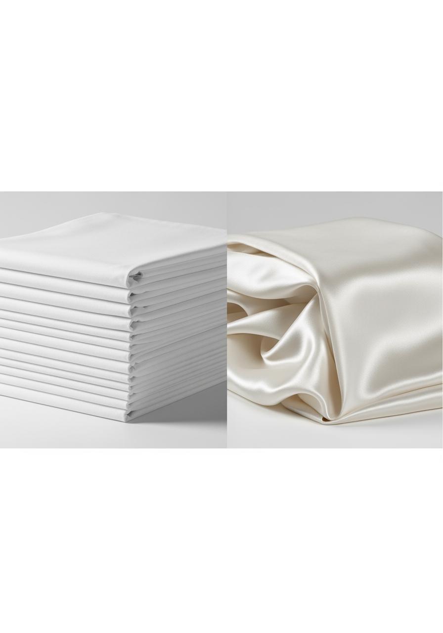 Une comparaison visuelle côte à côte d'un tissu en percale mat et d'un tissu en satin brillant, mettant en évidence leurs différentes textures.