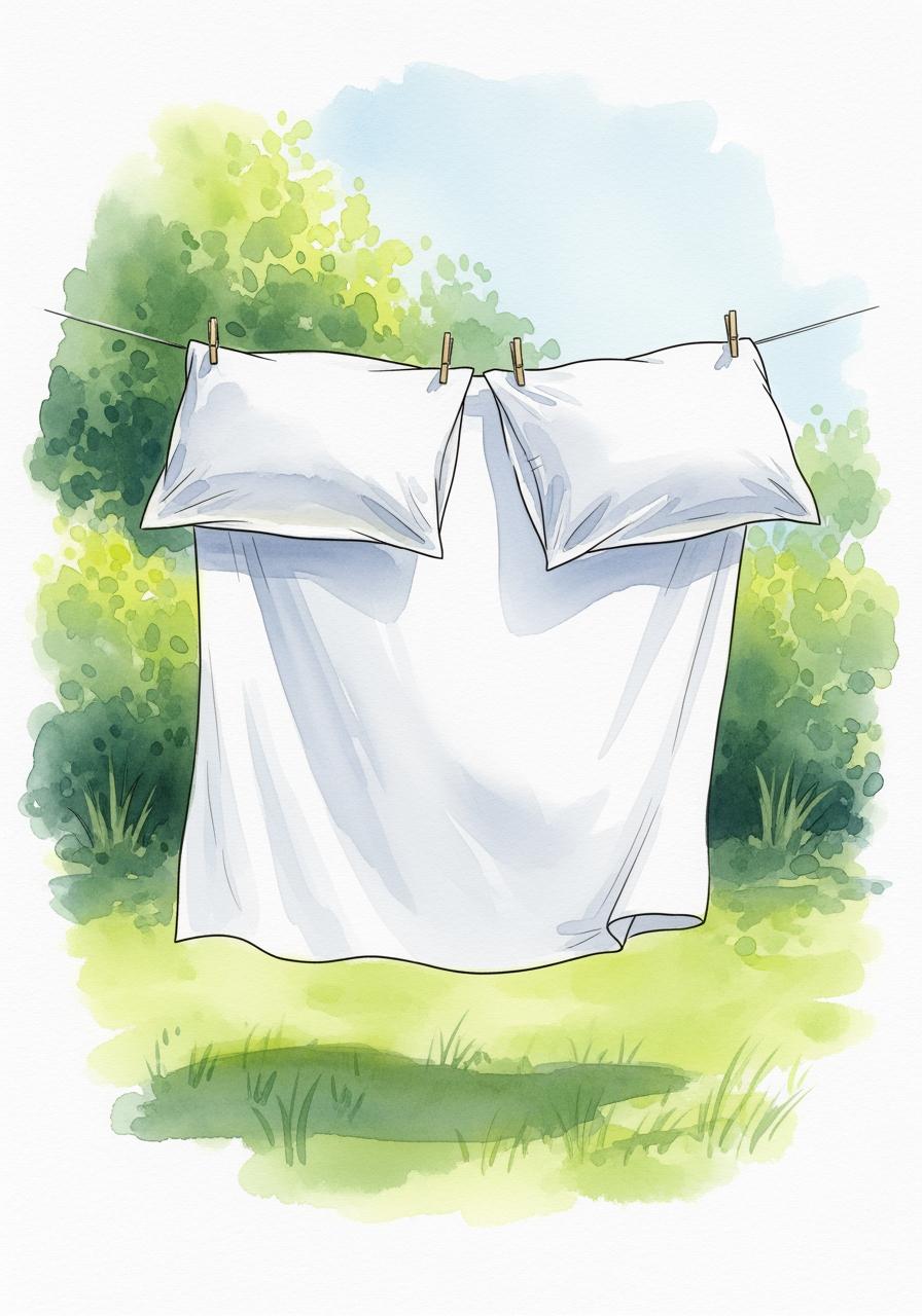 Une illustration à l'aquarelle de draps en percale blancs séchant sur une corde à linge dans un jardin, symbolisant la fraîcheur et l'entretien naturel.