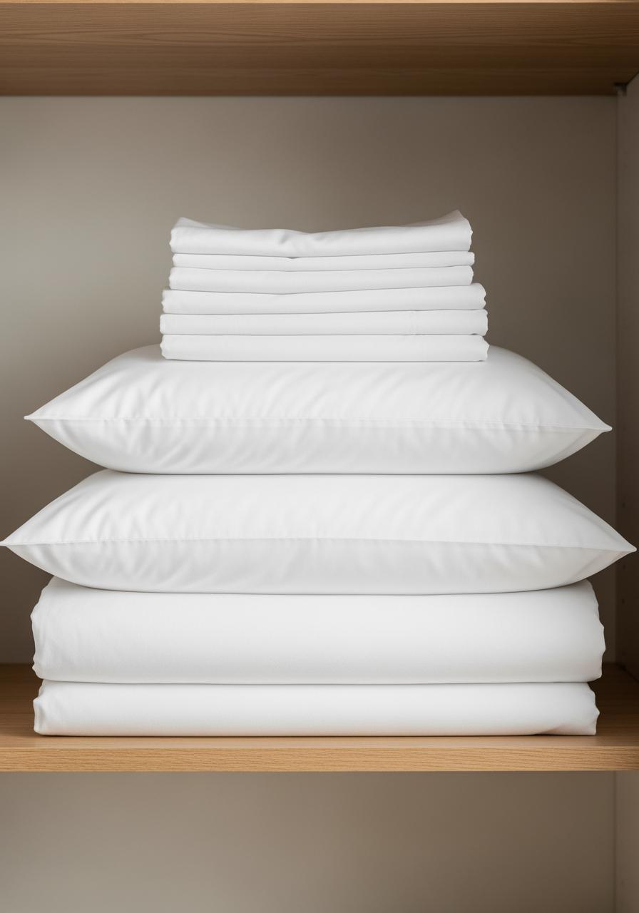 Une pile de draps en percale blancs, propres et pliés, rangés sur une étagère en bois dans un placard à linge bien organisé.