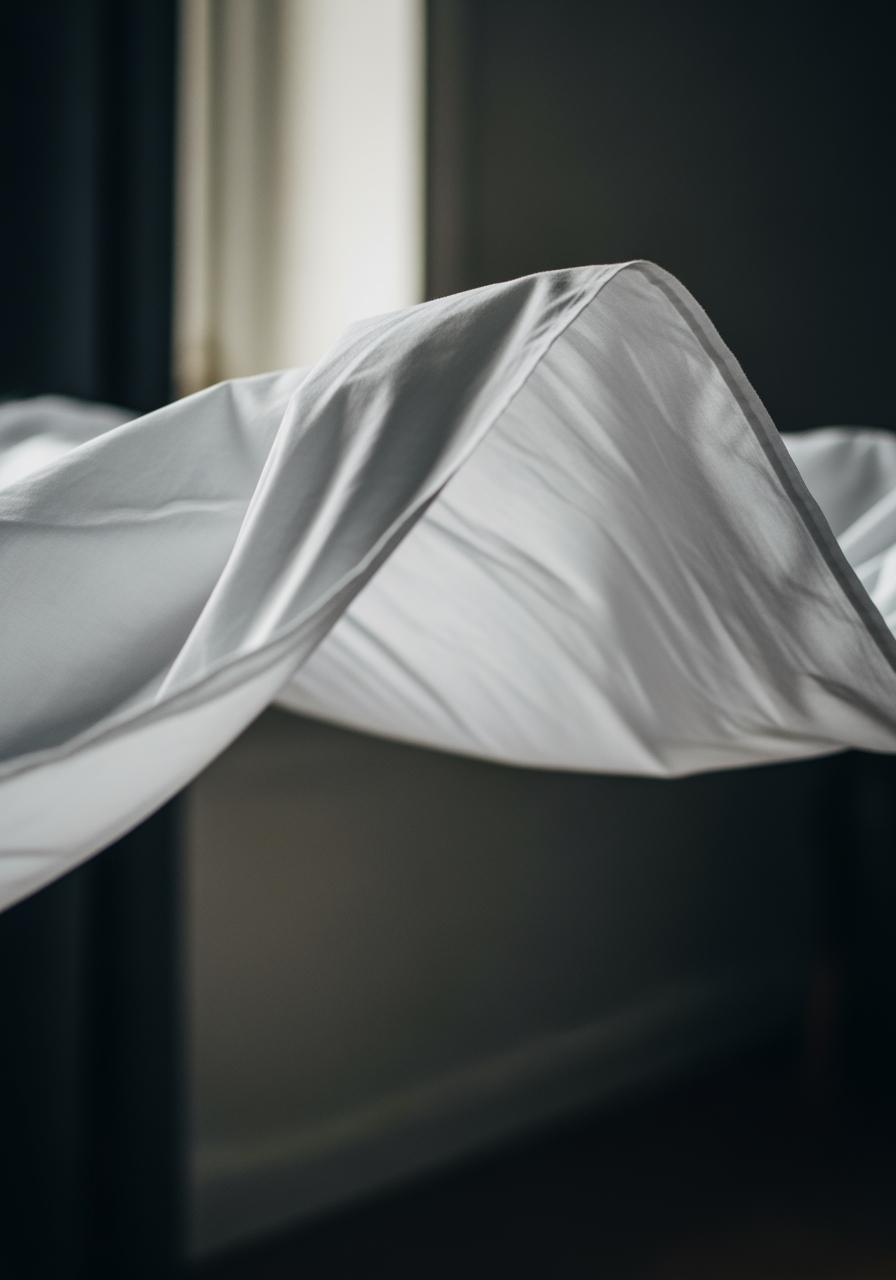 Un drap en percale de coton blanc flottant doucement, la lumière passant à travers, illustrant sa légèreté et sa respirabilité.