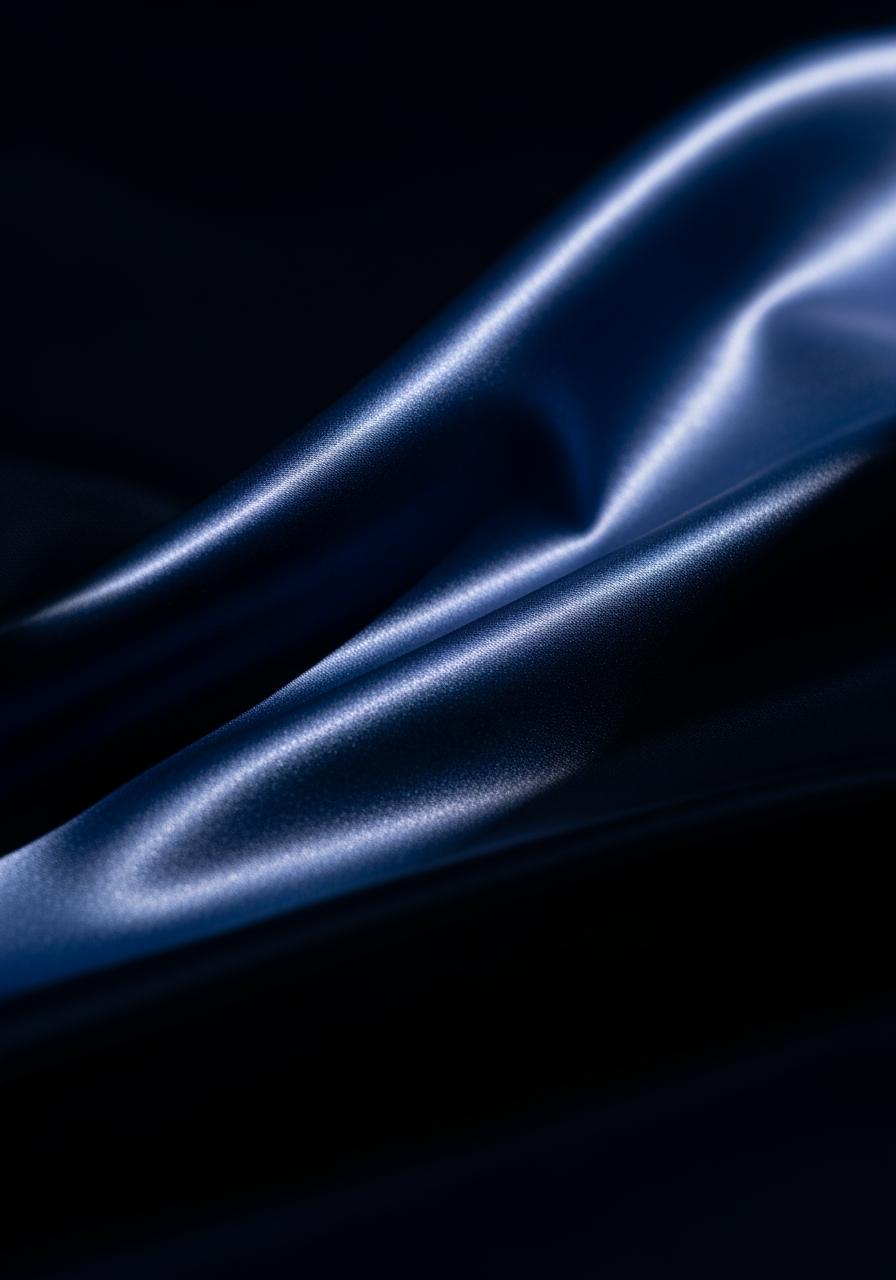 Gros plan sur un drap en satin de coton bleu marine, la lumière soulignant sa surface lisse et soyeuse distinctive.