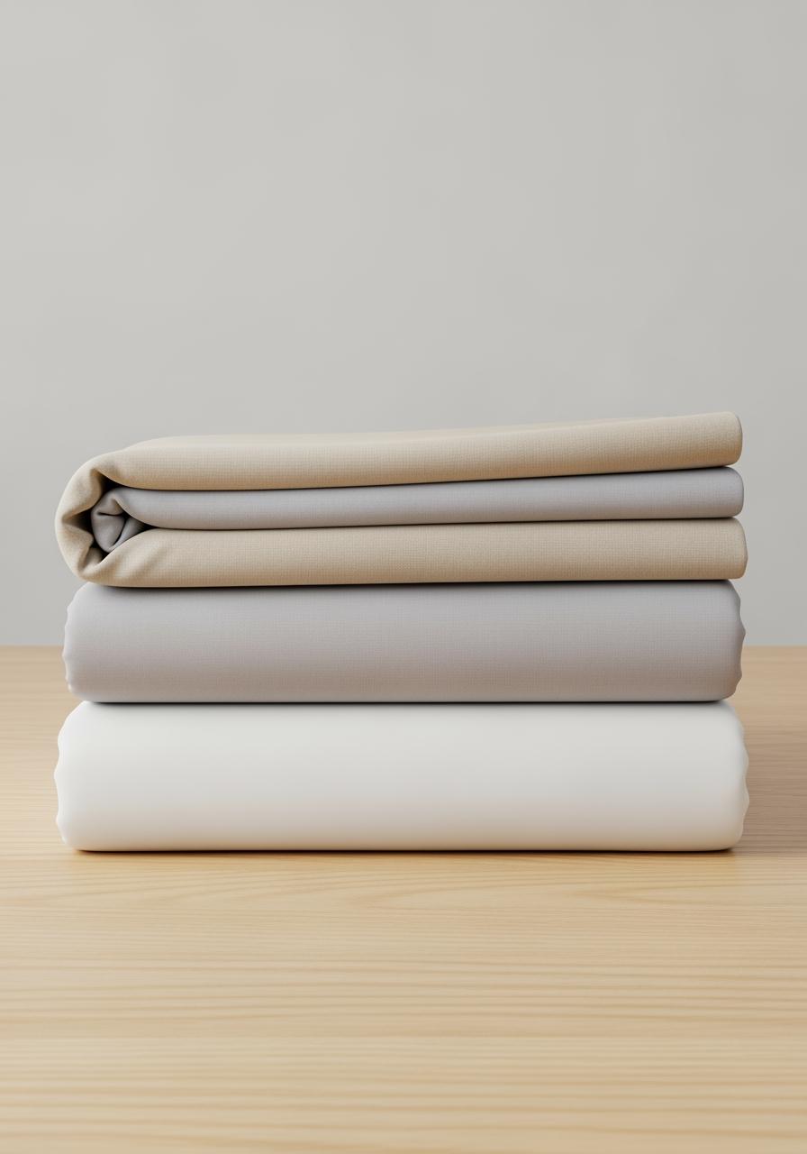 Une pile parfaitement symétrique et ordonnée de draps de lit de haute qualité, pliés dans des tons neutres.