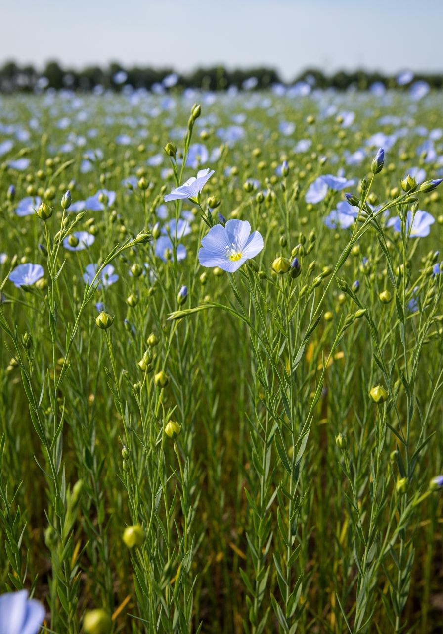 Un champ de lin en fleur sous un ciel clair, représentant l'origine naturelle et responsable des fibres.