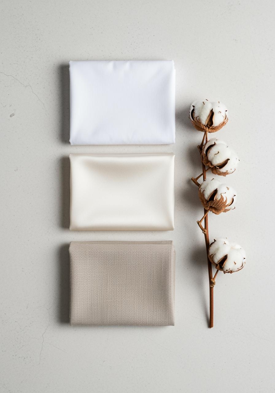 Une composition à plat de divers échantillons de tissus : percale, satin, et lin, à côté de capsules de coton brut.